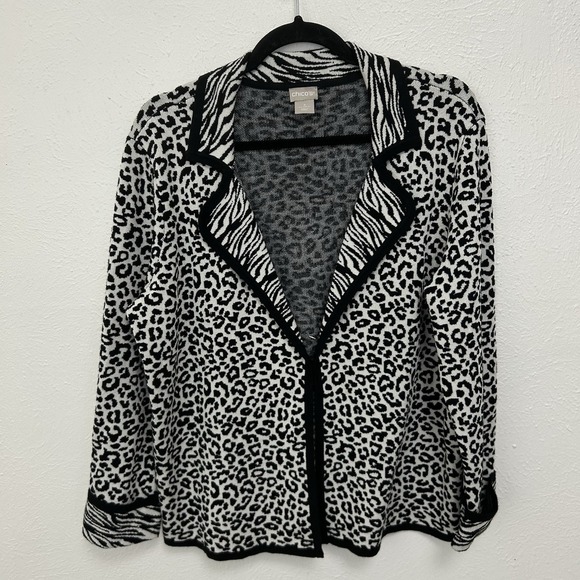 Chico's Sweaters - Chico's Black White Open Front Cheetah Print Sweater Blazer Cardigan Size 3 (XL)